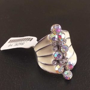 Anello Donna Elegante Metallo Rodiato Argento/Bianco Smaltato con Strass Size 16