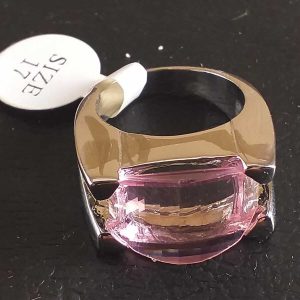 Anello Donna in Metallo Rodiato Colore Argento con Zircone Strass Rosa Size 17