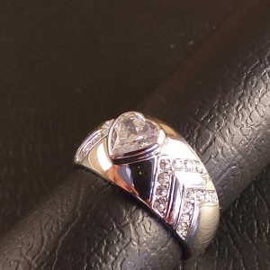 Anello Donna Elegante Doppio Metallo Rodiato Arg. Fedina Cuore con Strass Size 17