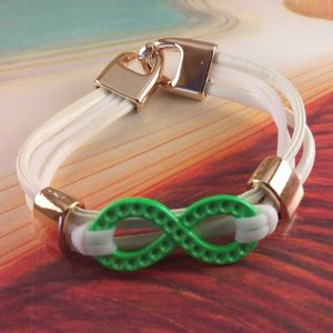 Bracciale Braccialetto Simil Pelle Bianco Simbolo Infinito Verde e Color Oro