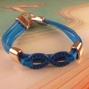Bracciale Braccialetto Simil Pelle Azzurro Simbolo Infinito Blu e Color Oro