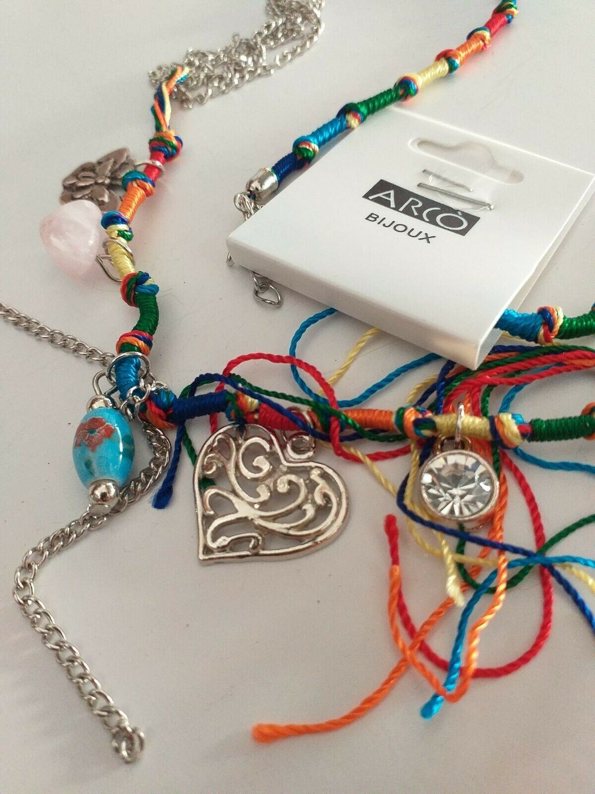 Arcò Bijoux Collana Fili Colorati e Catena Colore Argento Cuore Perline Strass - immagine 2