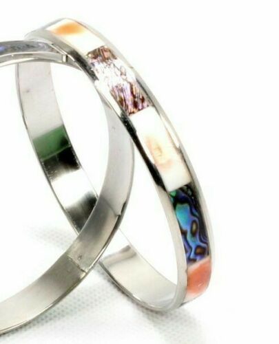 Bracciale Rigido Donna in Metallo con Madreperla Colorata Bianco/Sfumature Arancio - immagine 2