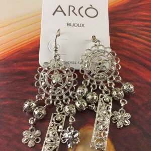 Arcò Bijoux Orecchini Metallo Colore Argento Tondo+Rettangolo Pendente Filigrana