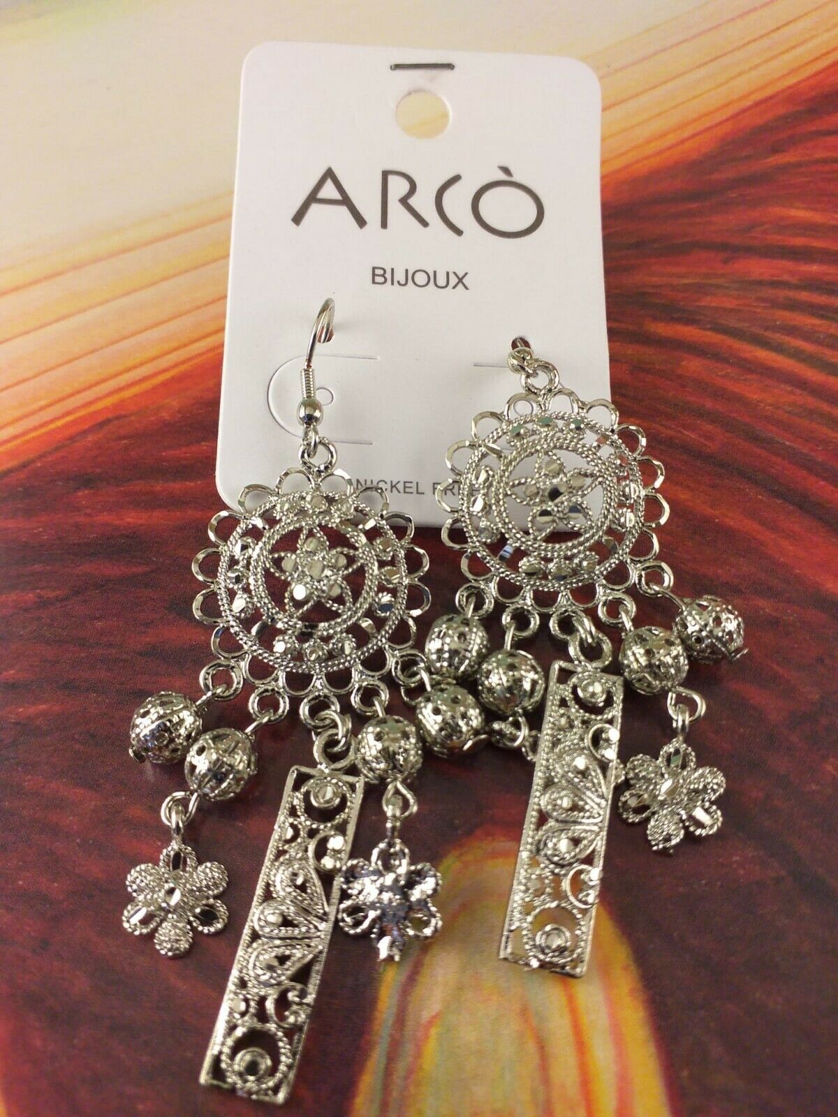 Arcò Bijoux Orecchini Metallo Colore Argento Tondo+Rettangolo Pendente Filigrana