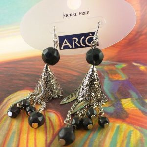 Arcò Bijoux Orecchini Pendenti in Metallo Cono Colore Argento Perline Nere