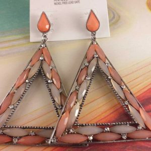 Orecchini Donna a Triangolo in Metallo Colore Argento con Pietre Zirconi Rosa