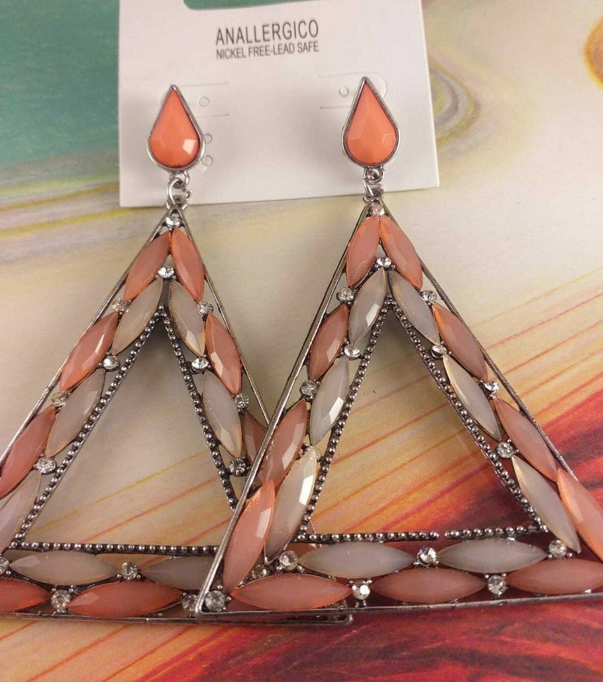 Orecchini Donna a Triangolo in Metallo Colore Argento con Pietre Zirconi Rosa