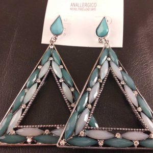 Orecchini Donna a Triangolo in Metallo Colore Argento Pietre Zirconi Turchese