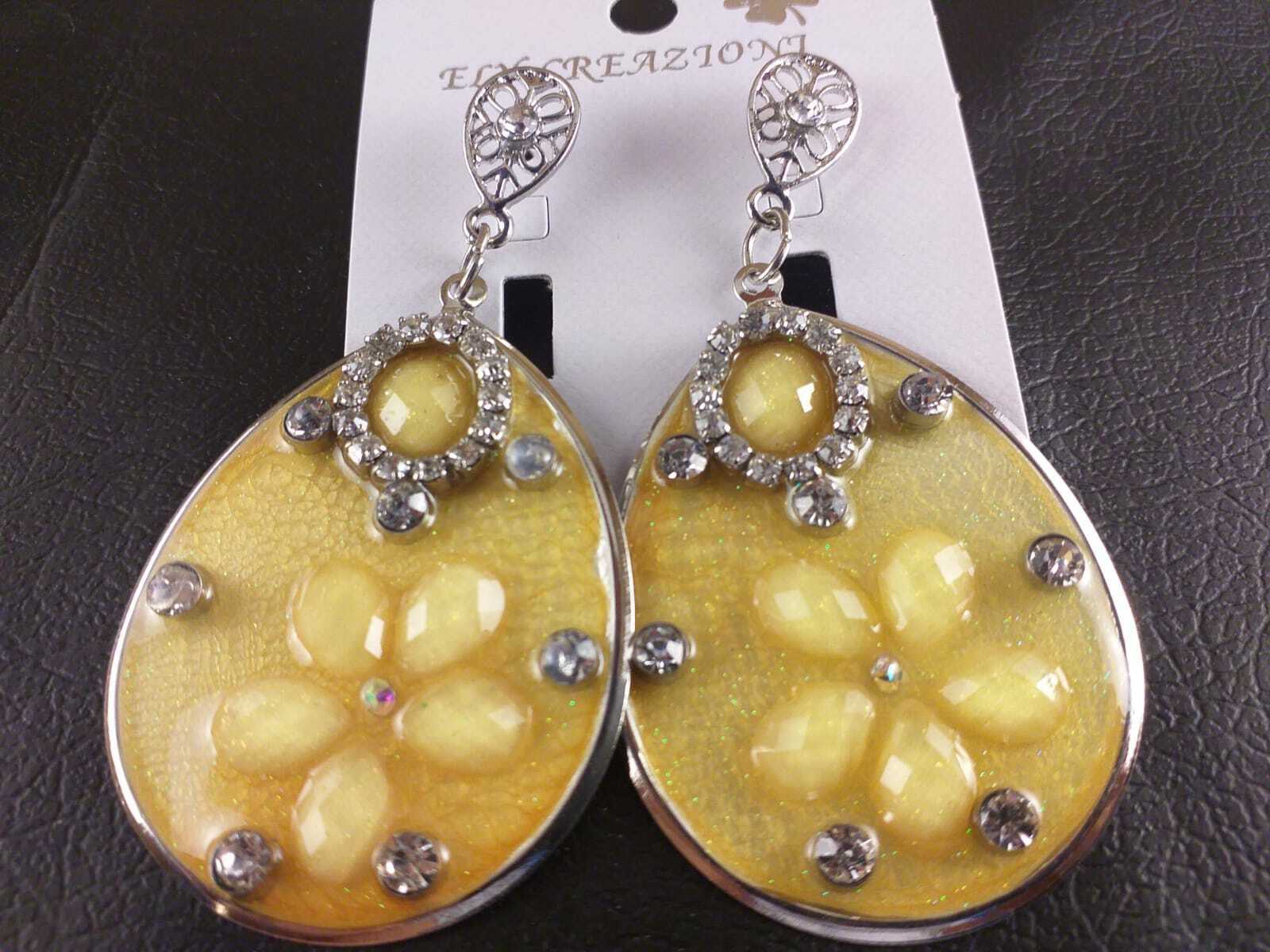 Orecchini Donna a Goccia Metallo Rodio Smaltato Col.Argento Fiore Giallo Strass