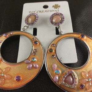 Orecchini Donna Cerchi in Metallo Rodiato Smaltato Argento e Arancio con Strass