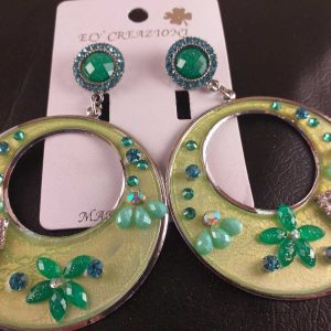 Orecchini Donna Cerchi in Metallo Rodiato Smaltato Argento/Verde Fiore C/Strass