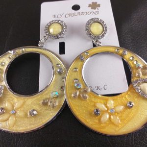 Orecchini Donna Cerchi Metallo Rodiato Smaltato Argento/Giallo Fiore C/Strass