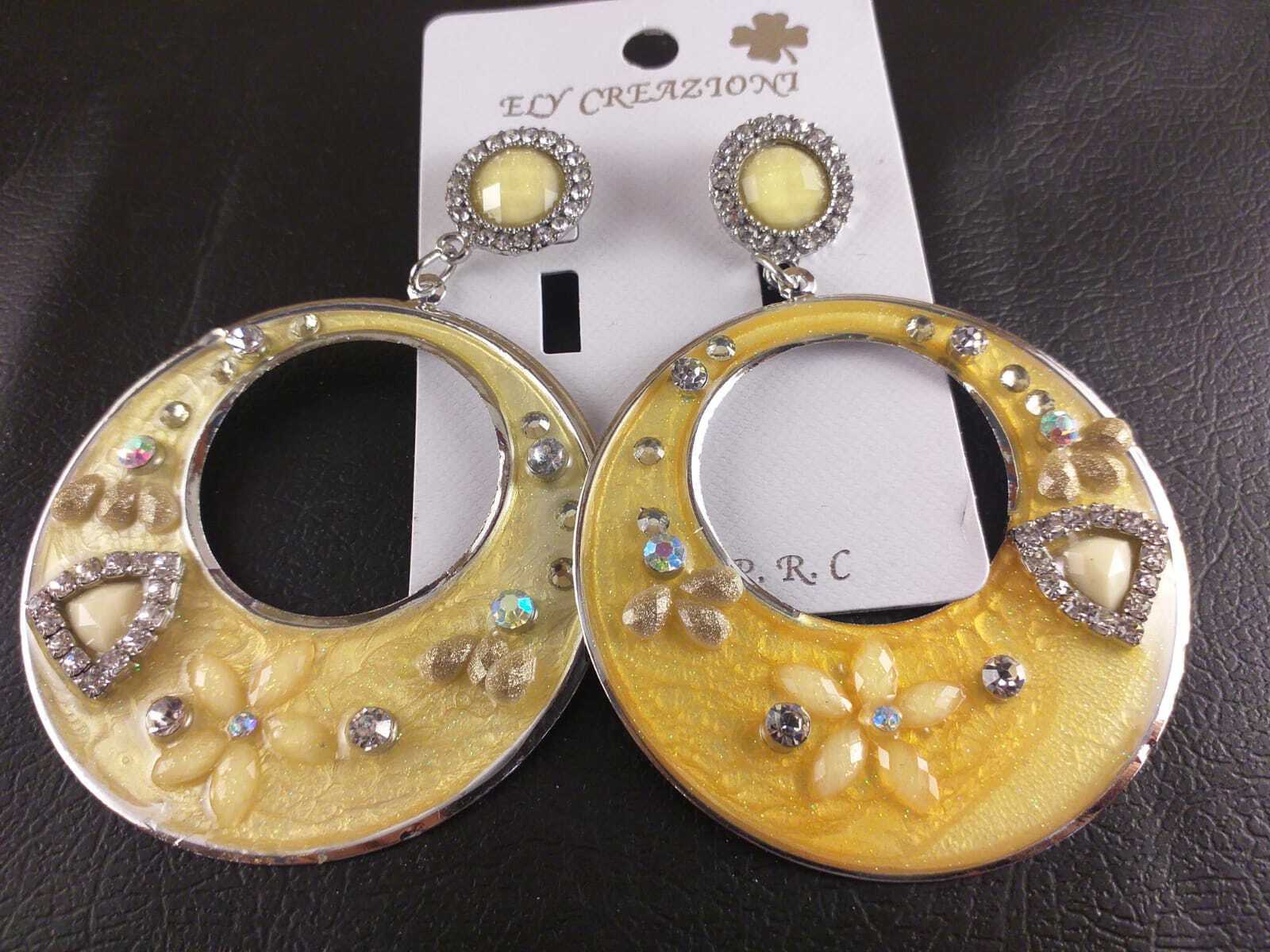 Orecchini Donna Cerchi Metallo Rodiato Smaltato Argento/Giallo Fiore C/Strass