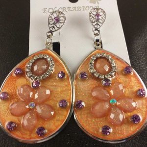 Orecchini Donna Goccia Metallo Rodio Smaltato Col.Argento Fiore Arancio Strass