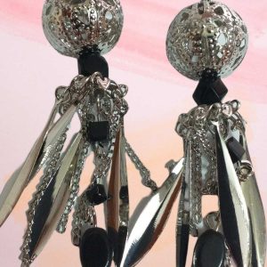 Arcò Bijoux Orecchini Donna Pendenti Palla Colore Argento con Pietre Nere
