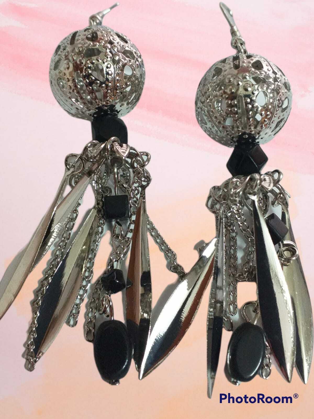 Arcò Bijoux Orecchini Donna Pendenti Palla Colore Argento con Pietre Nere
