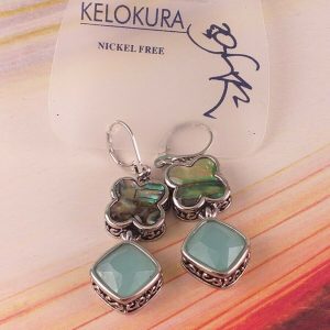 Kelokura Bijoux Orecchini Pendenti Vintage Col. Oro Antico Turchese Quadrifoglio