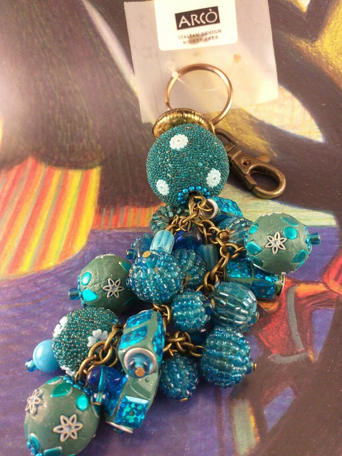Arcò Bijoux Portachiavi VIntage di Classe Multisfere di Vetro Turchese 24cm