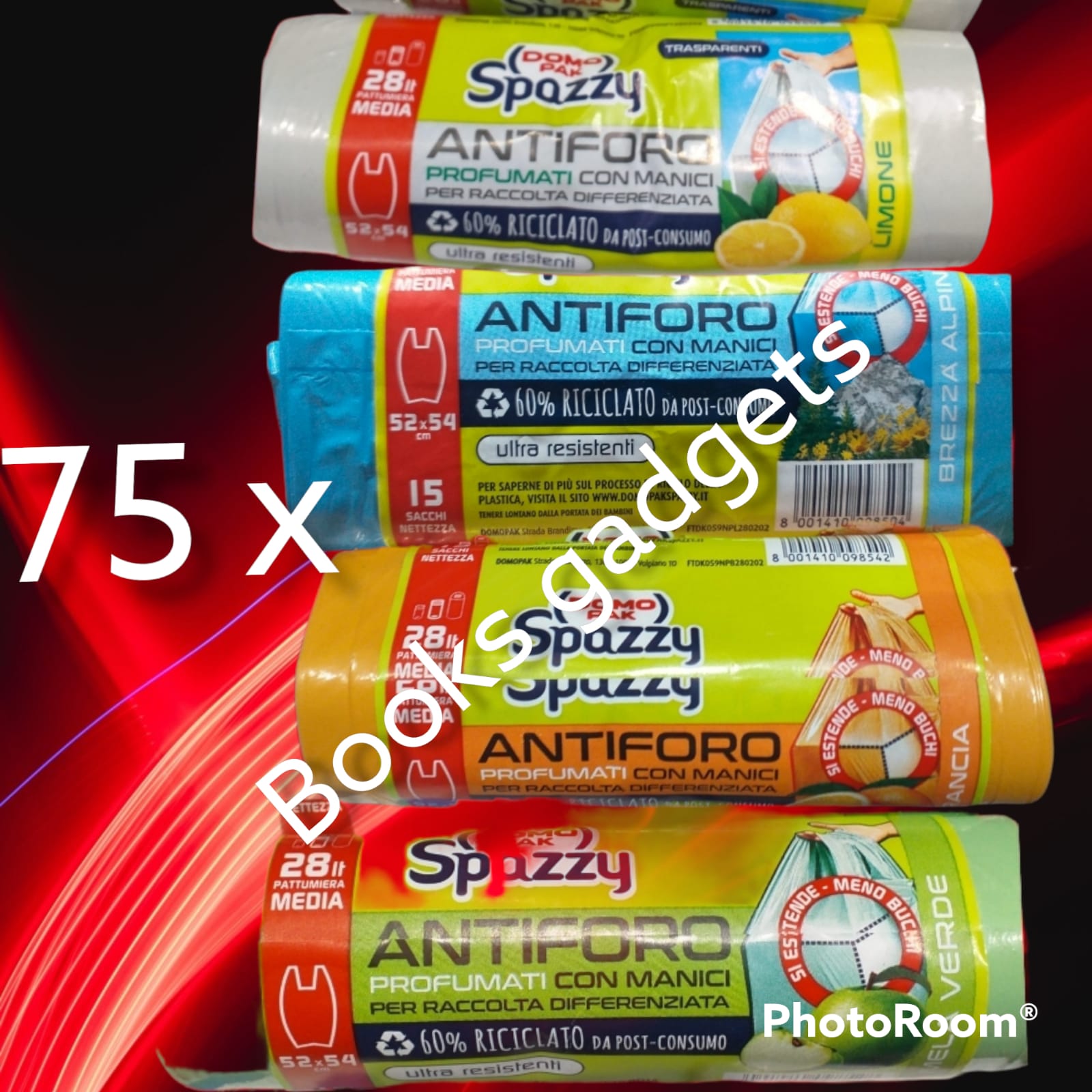 300 Buste Assortite (75x Colore) Spazzy Sacco Immondizia Raccolta Differenziata con Manici 52x54cm
