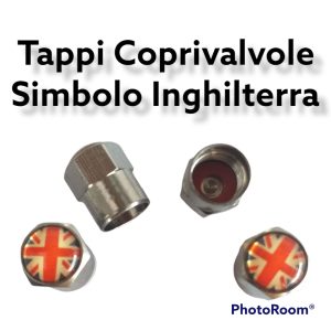 Set 4 Tappini Valvole Coprivalvole Cromati Esagonali Simbolo Mini Bandiera Inglese Inghilterra