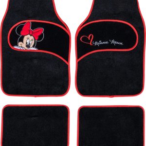 Set 4 Tappeti MINNIE Tappetini in Moquette Neri Bordo Rosso Fondo Antiscivolo