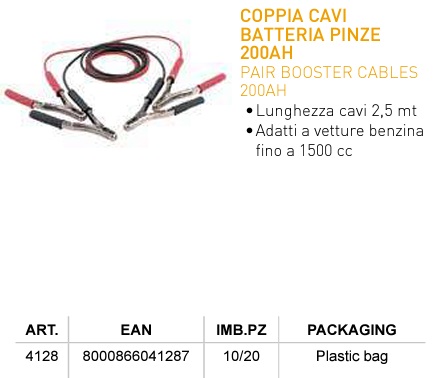 Coppia Cavi Batteria con Pinze 200ah Lunghezza Cavi 2,5mt per Auto a Benzina fino a 1500cc - immagine 2
