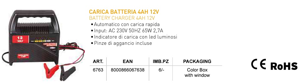 Carica Batteria per Auto 4AH 12V Input AC 230V 50HZ 65W 2,7A con Led Luminosi - immagine 2