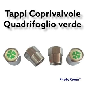 Set 4 Tappini Valvole Coprivalvole Cromati Esagonali Simbolo Quadrifoglio Verde
