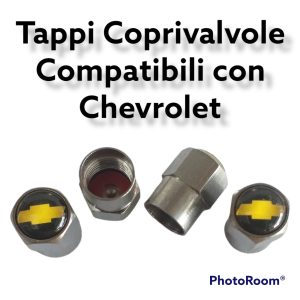 Set 4 Tappini Valvole Coprivalvole Cromati Esagonali Simbolo Chevrolet Giallo