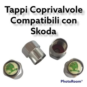 Set 4 Tappini Valvole Coprivalvole Cromati Esagonali Simbolo Skoda