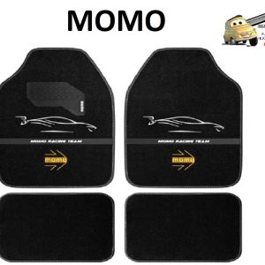 MOMO Set 4 Tappetini Racing in Moquette Nero/Bianco con Battitacco e Logo Giallo Universali