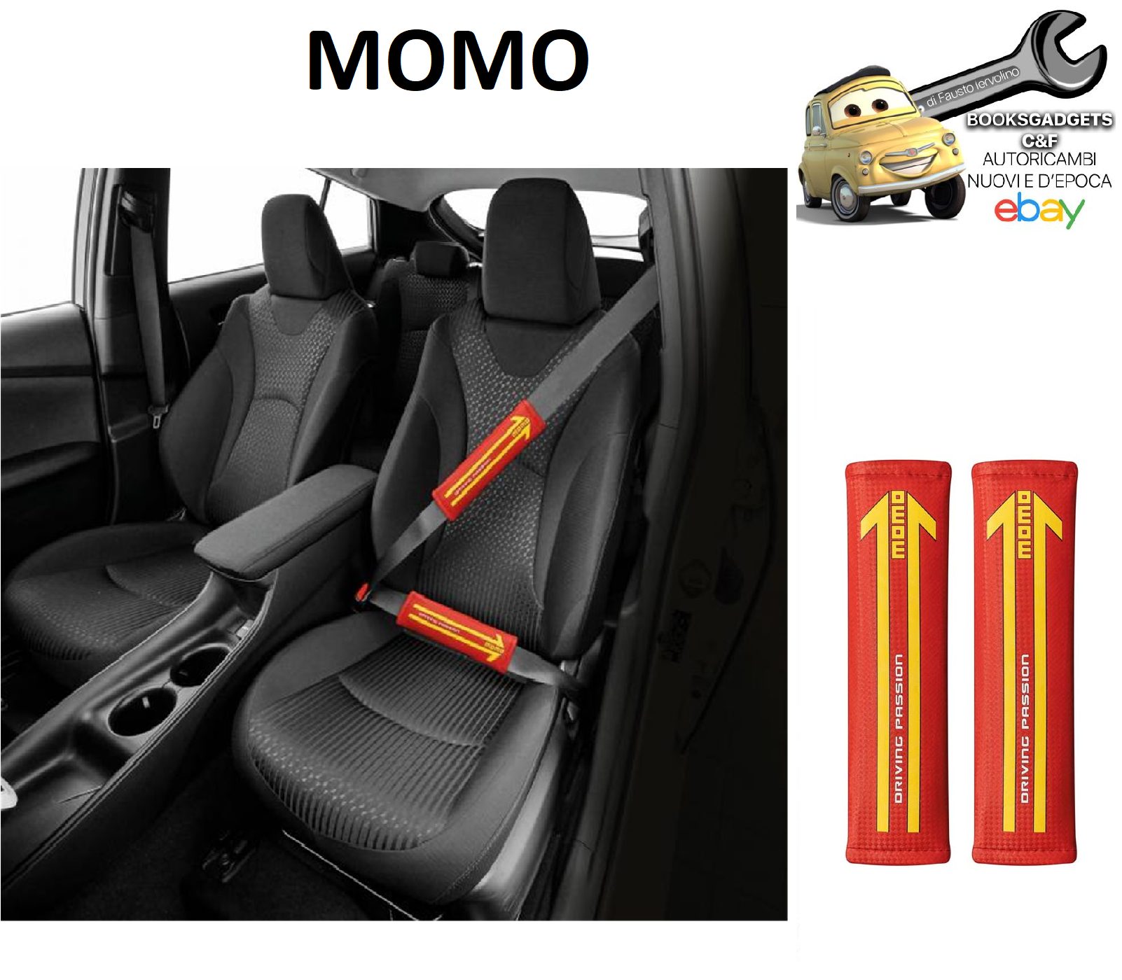 MOMO Coppia Cuscinetti per Cinture di Sicurezza per Auto Carbon Rosso con Logo Giallo