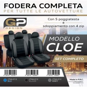 Set Fodere Coprisedili Mod. Cloe Nero/Grigio Universali (ant+post) Sdoppiamento a 4 Zip in Tessuto 5 Poggiatesta