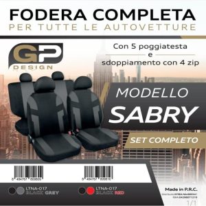 Set Fodere Coprisedili Mod. Sabry Nero/Grigio Universali (ant+post) Sdoppiamento a 4 Zip in Tessuto 5 Poggiatesta