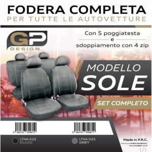 Set Fodere Coprisedili Mod. Sole Grigio Universali (ant+post) Sdoppiamento a 4 Zip in Tessuto 5 Poggiatesta