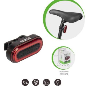 SPARCO Fanale Posteriore per Bici Impermeabile in Alluminio con tre funzioni