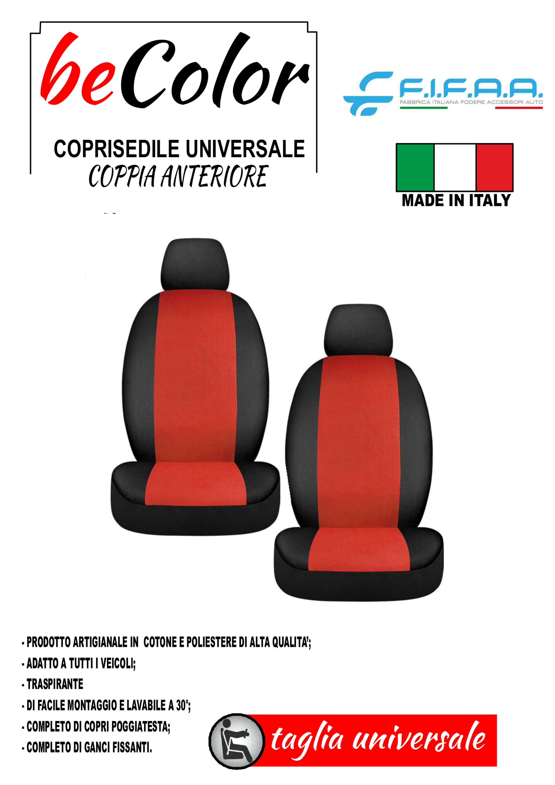Coppia Coprisedili Auto Universali Be Color Rosso Produzione Artigianale di Alta qualità
