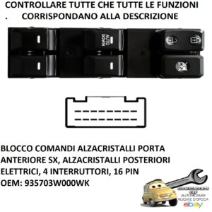 Per Kia Sportage 08/2010-09/2015 Pulsantiera Alzacristalli Ant. Sx , 4 Int.16pin