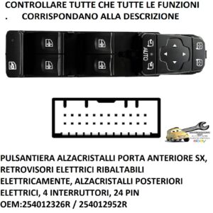 Per Renault Megane Grand Coupè dal 11/2016 Pulsantiera Alzacristalli Anteriore Sx , 4 Interruttori, 24 pin