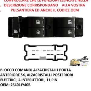 Per Renault Koleos dal 05/2008 Blocco Comandi Alzacristalli Anteriore Sx , 4 Interruttori, 11 pin