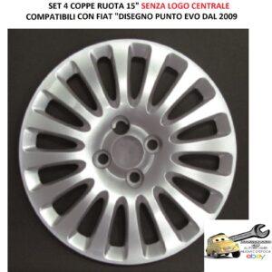 Per Fiat Disegno Punto Evo dal 2009 Set 4 Copricerchi 15" Argento Coppe Ruota Borchie (Senza Logo)