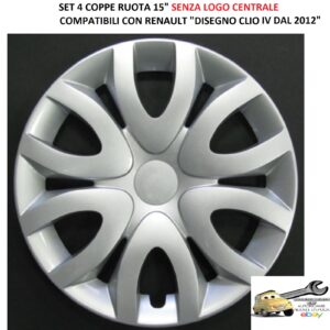 Per Renault Disegno Clio IV dal 2012 Set 4 Copricerchi 15" Argento Coppe Ruota Borchie (SENZA LOGO)