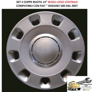 Per Fiat Disegno 500 dal 2007 Set 4 Copricerchi 14" Argento Coppe Ruota Borchie (SENZA LOGO)