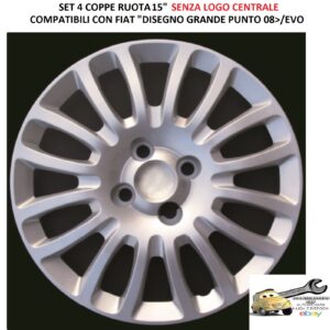 Per Fiat "Disegno Grande Punto 2008" Set 4 Copricerchi 15" Argento Coppe Ruota Borchie (SENZA LOGO)