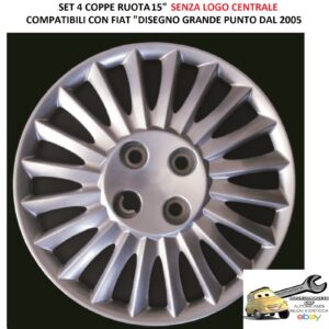 Per Fiat "Disegno Grande Punto dal 2005 Set 4 Copricerchi 15" Argento Coppe Ruota Borchie (SENZA LOGO)