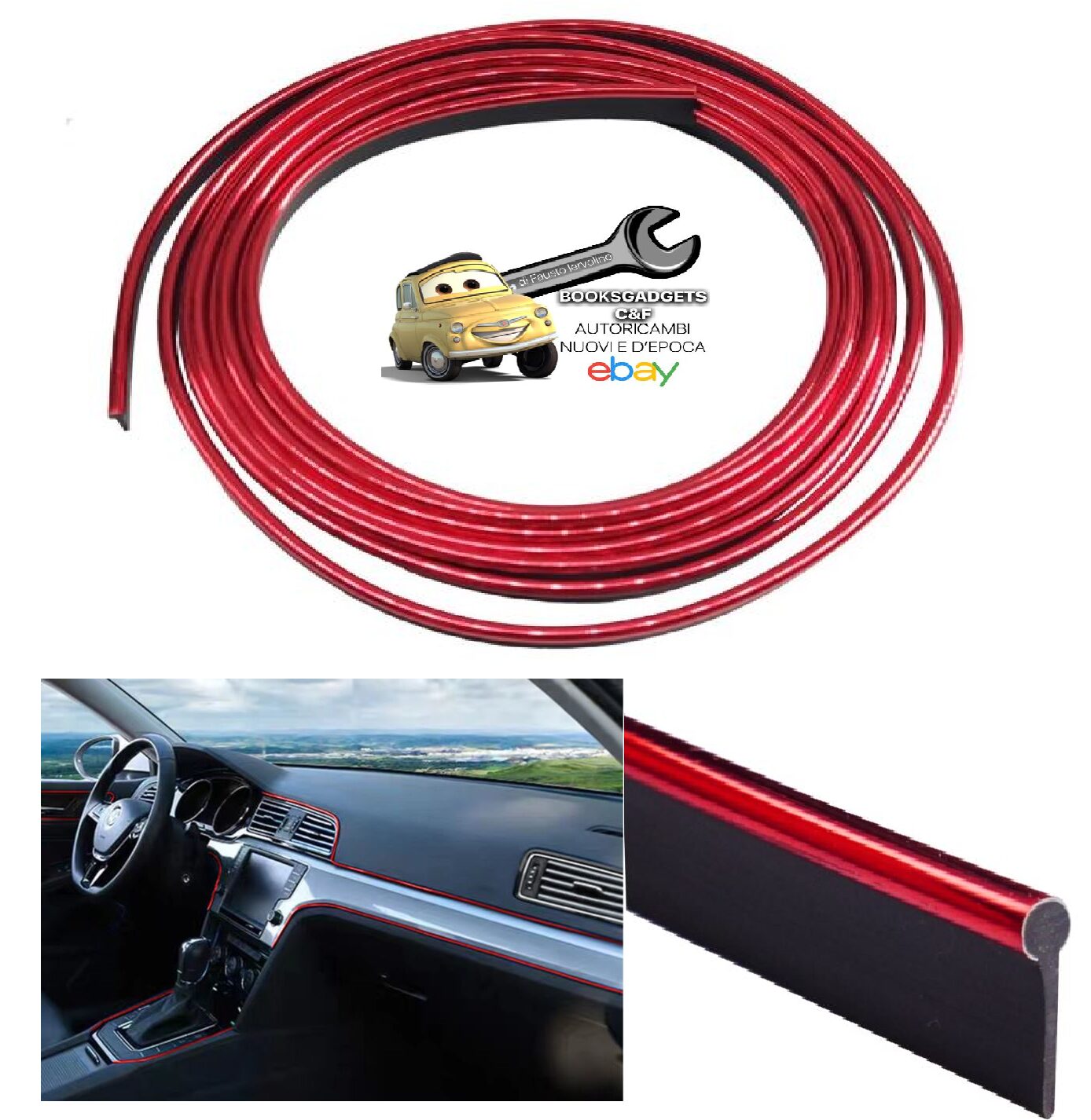 989 CHR Striscia a Profilo Cromato Rosso per Interni Auto 3 Metri in ABS Simoni Racing