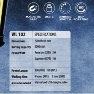 961 WL102 Sirius Lampada da lavoro Misure 270x38x31 360 lumen 2000mAH 3W