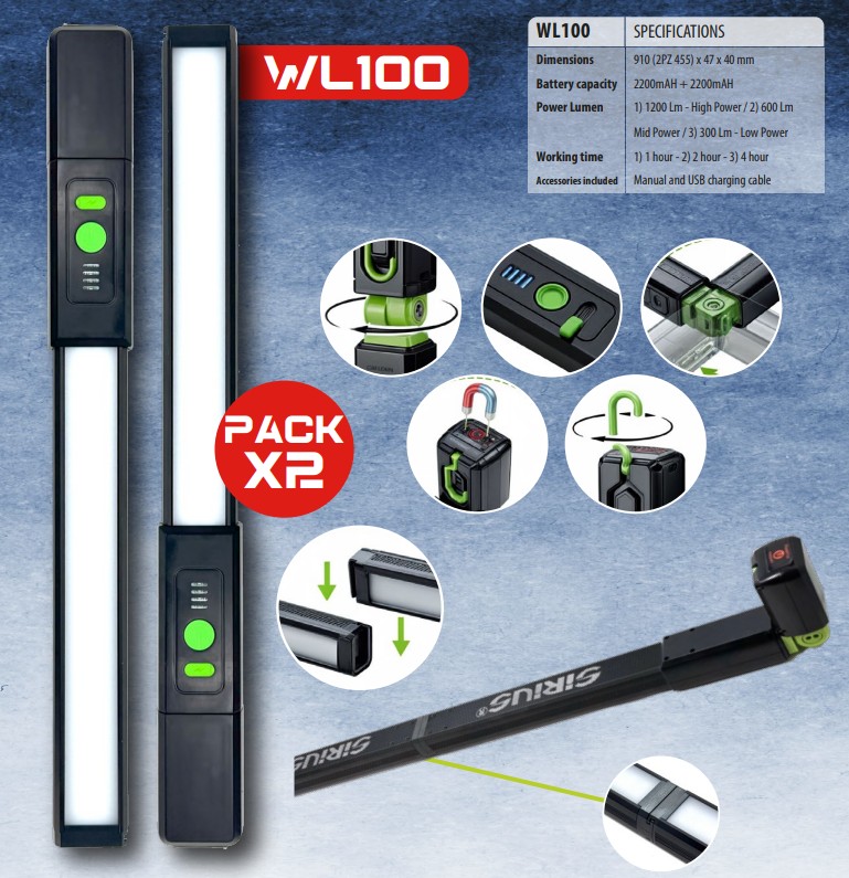 961 WL100 Sirius Lampada da lavoro 47x40x910 separabili 1.200lm 2200+2200mAH