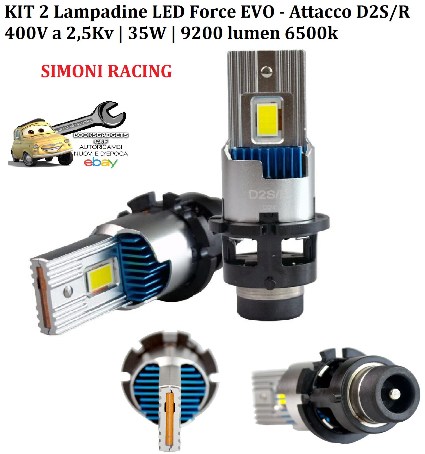 989 D2SR Coppia Lampadine LED Force EVO D2S/R 400V a 2,5Kv 35W 9200 lumen 6500k Simoni Racing